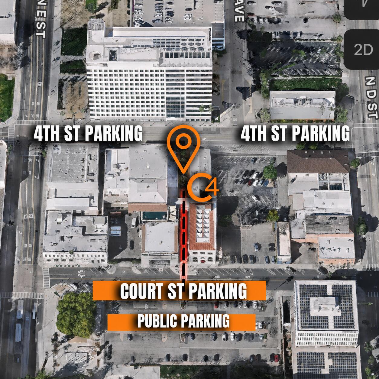 Aerial map showing C4 at 455 W. 4th Street with designated parking areas on 4th Street, Court Street and nearby public parking