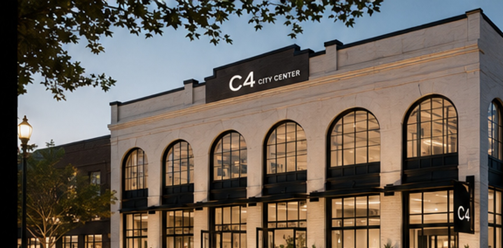Architectural rendering of the restored C4 City Center at 467 W. Fourth Street with arched glass windows at dusk