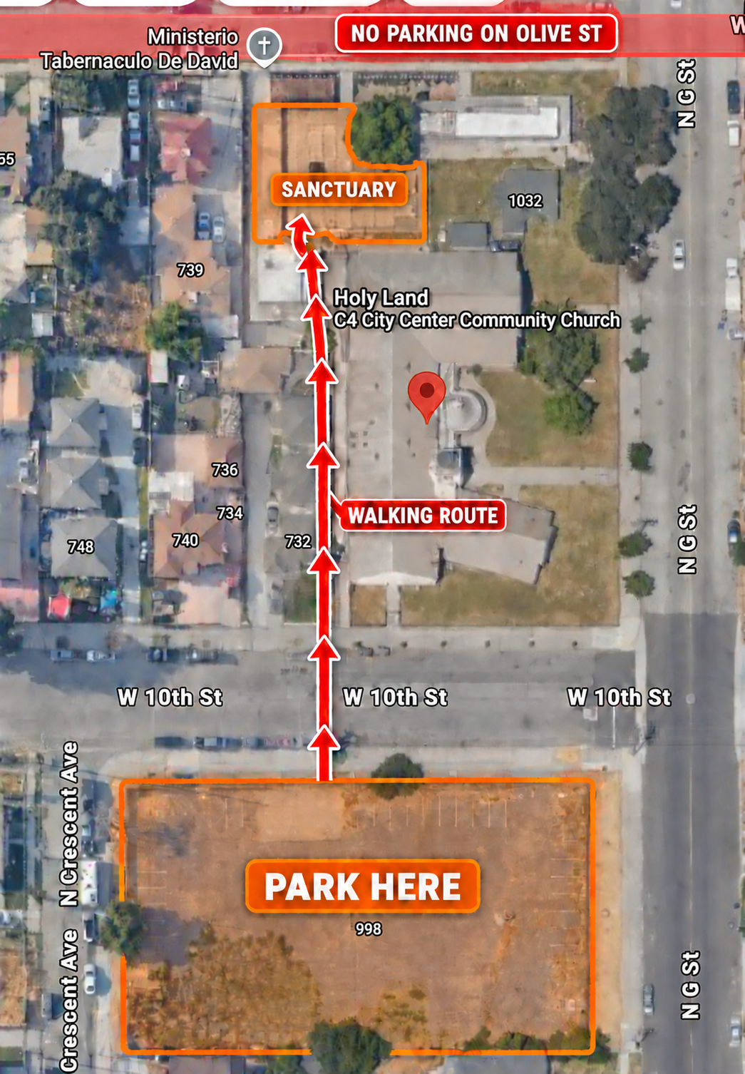 Aerial map showing C4 at 1024 N G St with designated parking areas nearby
